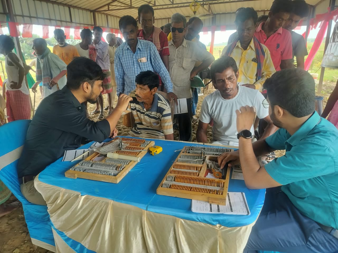 Community members receiving eye examinations at a Poorbita health camp